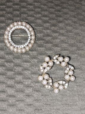 TWO Pearl and Rhinestone Circle Brooch/Wreath - Gold-Tone